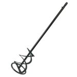 Long black earth auger drill bit with a spiral screw near the bottom and a hex shaft at the top, shown diagonally.