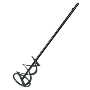 Long black earth auger drill bit with a spiral screw near the bottom and a hex shaft at the top, shown diagonally.