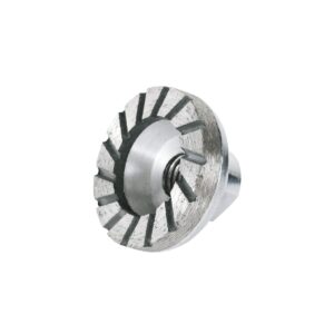 Circular grinding wheel with segmented abrasive rim mounted on a metal shank, used for metal finishing