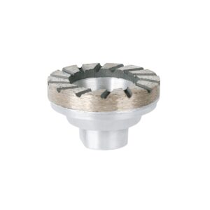 Circular segmented abrasive grinding wheel with a short cylindrical shank for rotary use, used for metal deburring and shaping