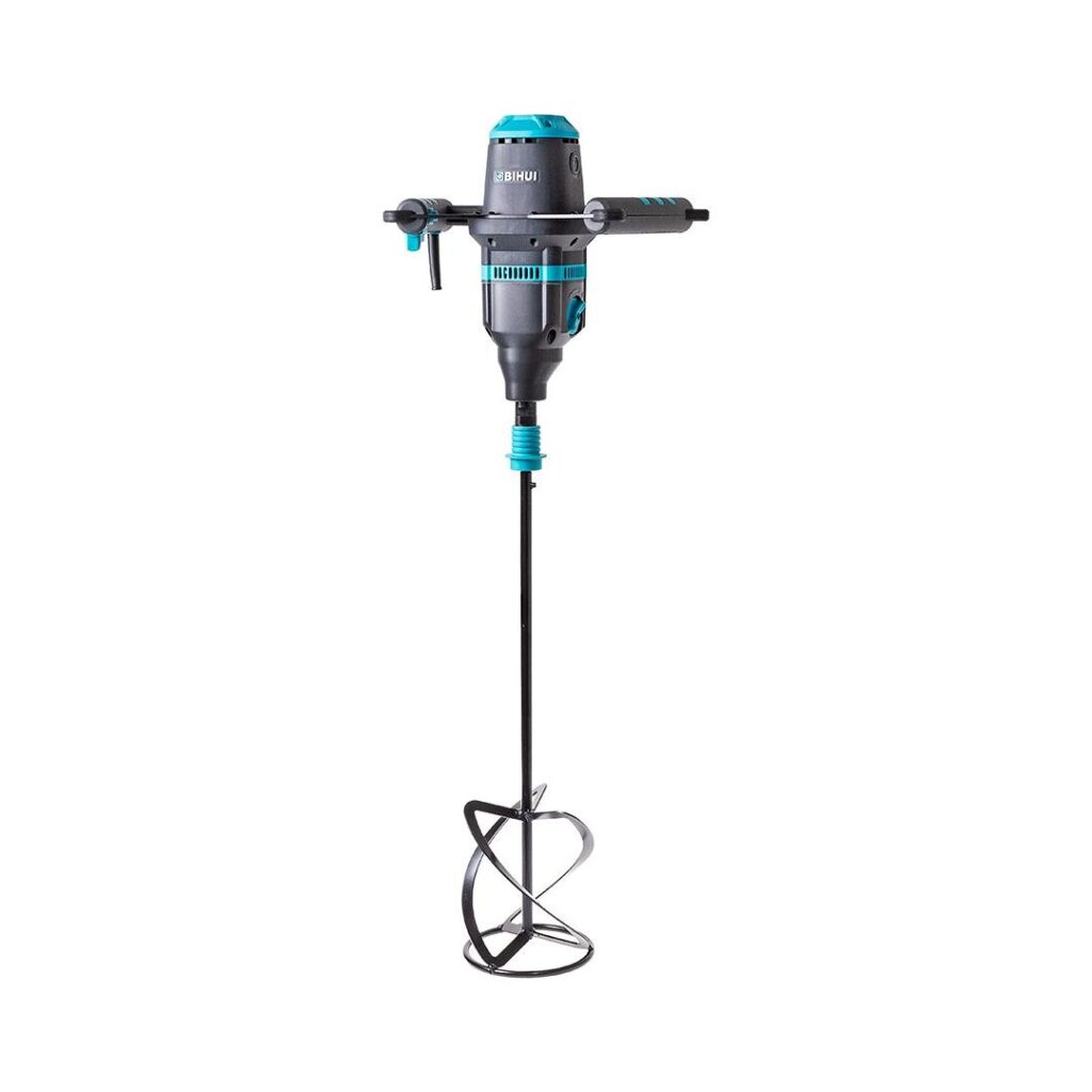 Electric hand mixer drill with turquoise accents, long mixing shaft, and spiral mixing blade in use for blending substances like paint or plaster