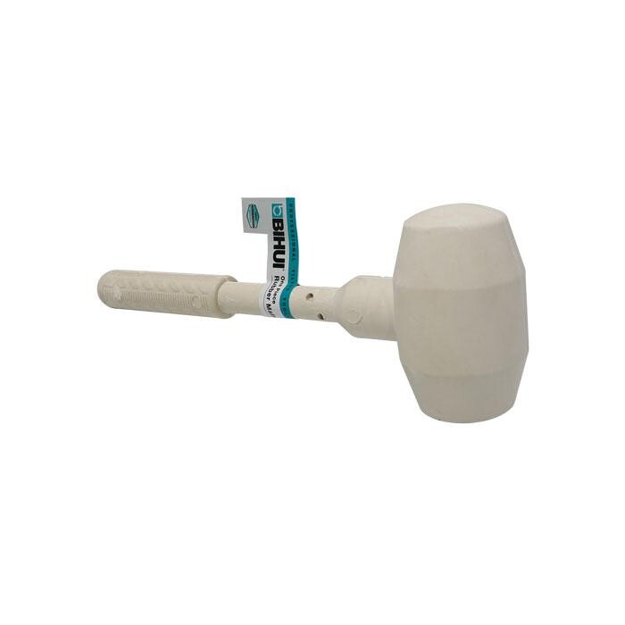 White rubber mallet with a large white head and textured plastic handle, featuring a blue brand tag on the shaft.