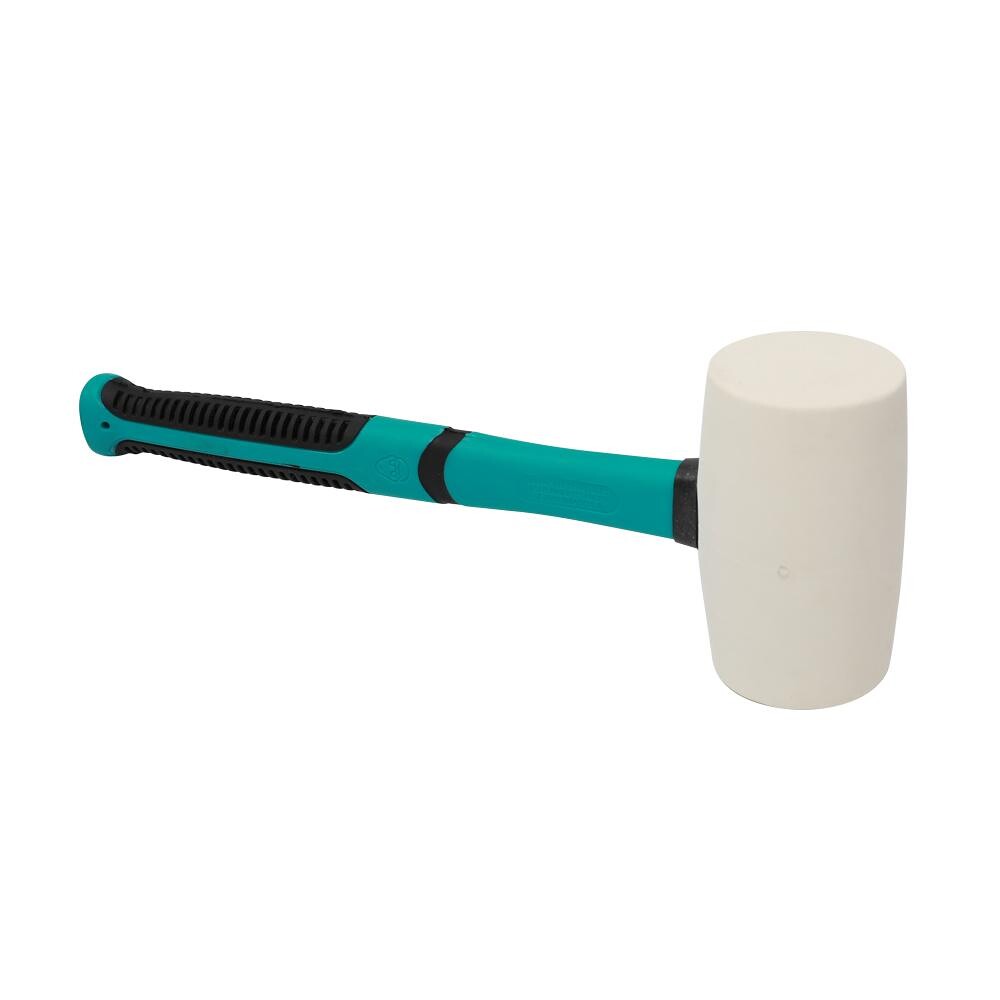 Teal and black rubber mallet with a white head and textured grip