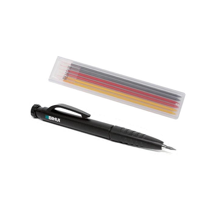 Black BIHUI multi‑color pen with retractable tip, shown next to a clear case containing colored refills (yellow, red, gray).