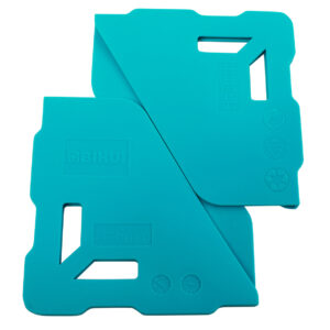 Blue plastic multi‑tool with 6mm markings and various cutouts used for measurement and alignment.