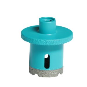Turquoise plastic hole-saw adapter with a rough gray abrasive ring at the bottom.