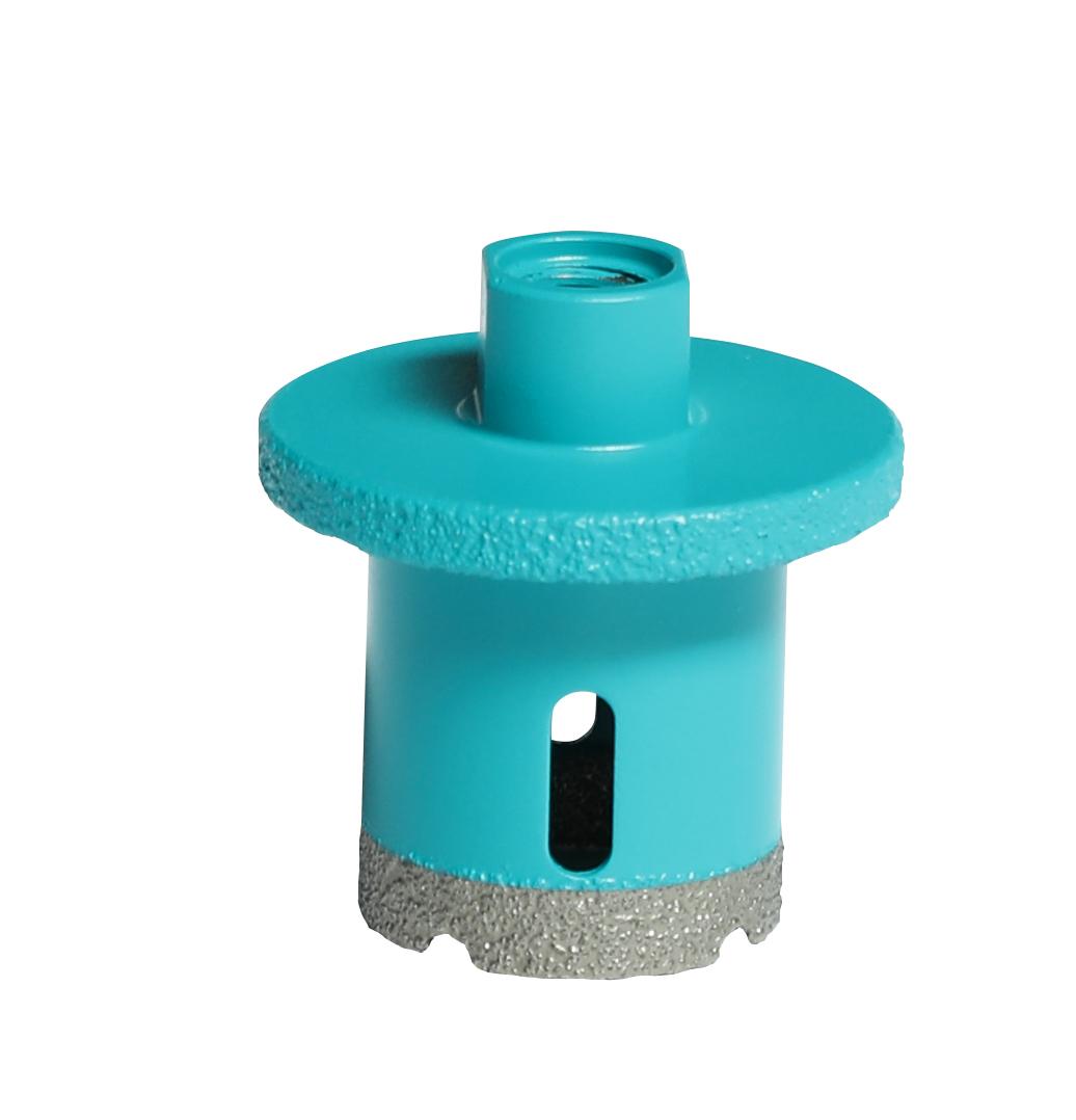 megabudowlany-bihui-otwornica-diamentowa-40mm-z-kolnierzem-sklep-budowlany - Mega Budowlany Turquoise plastic hole-saw adapter with a rough gray abrasive ring at the bottom.