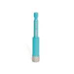 Turquoise rotary drill bit with a cylindrical diamond grinding tip at the bottom, standing upright.