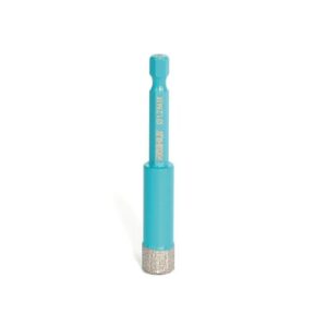Turquoise rotary drill bit with a cylindrical diamond grinding tip at the bottom, standing upright.