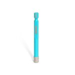 Blue highlighter marker standing upright on a white background, with a glittery silver tip/cap at the bottom and a small label on the body.