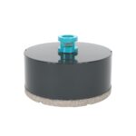 Circular diamond grinding cup wheel with blue arbor adapter on top, shown from the side edge view.