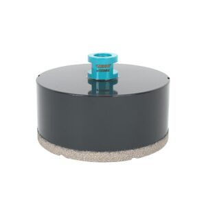 Circular diamond grinding cup wheel with blue arbor adapter on top, shown from the side edge view.