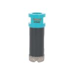 Diamond hole saw drill bit, 25 mm, turquoise top and gray body with diamond-coated cutting edge at the bottom.