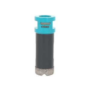 Diamond hole saw drill bit, 25 mm, turquoise top and gray body with diamond-coated cutting edge at the bottom.