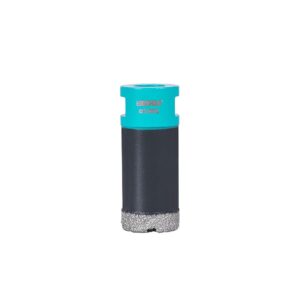 Turquoise top collar marked '30mm' on a black cylindrical drill bit with a rough, silver-grit tip.