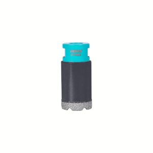 Turquoise drill bit head atop a dark cylindrical body with a textured silver cutting tip.