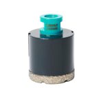 Turquoise arbor with Ø55mm core drill bit attached to a black cylindrical body, used for diamond concrete cutting (bottom edge shows diamond grit).