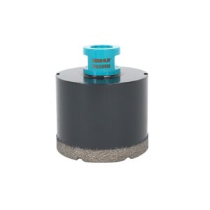 Diamond core drill bit with a turquoise 68mm arbor attached to a dark cylindrical body with a rough diamond edge at the bottom