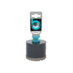 Hole saw attachment with turquoise arbor and gray mounting, labeled Ø68MM, mounted on a dark cylindrical base.