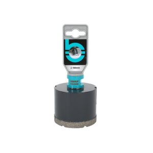 Hole saw attachment with turquoise arbor and gray mounting, labeled Ø68MM, mounted on a dark cylindrical base.