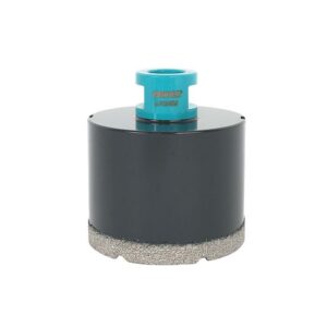 Diamond-coated concrete core drill bit with teal arbor and black body.