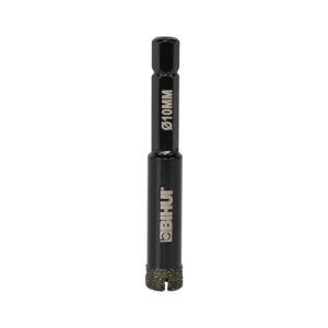 Black drill accessory marked Ø10MM with a hex shank and diamond-coated cutting end, used for making small holes.