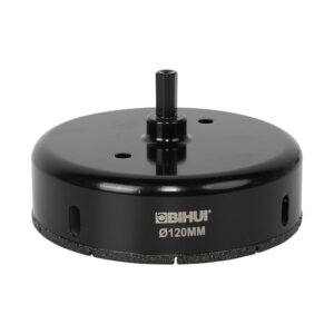 Black 120 mm sanding backing pad with Velcro surface and central spindle used for orbital sanders (Bihui).] ,