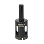 Hole saw drill bit, 25 mm diameter, black with gold grit cutting edge and brand BIHUI on the side