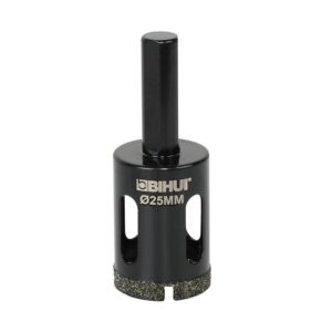 Hole saw drill bit, 25 mm diameter, black with gold grit cutting edge and brand BIHUI on the side