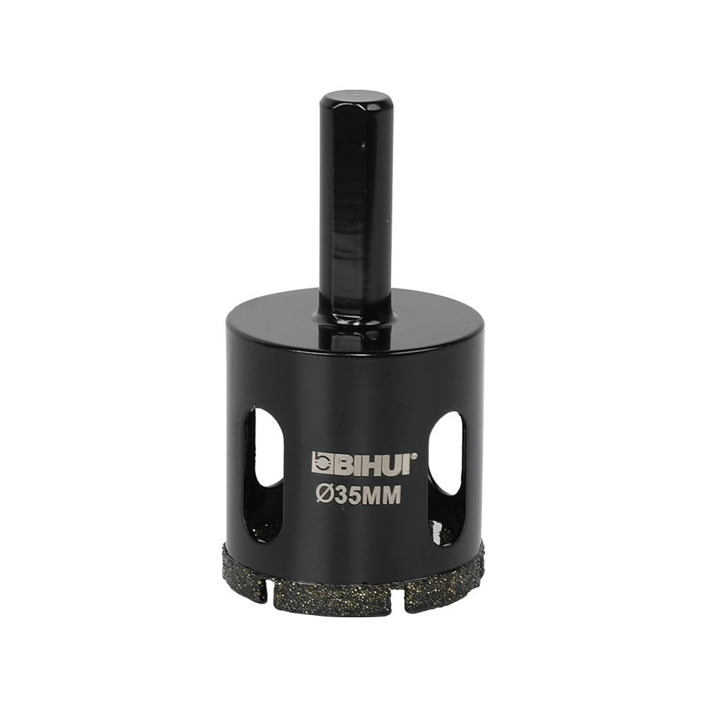 megabudowlany-bihui-otwornica-diamentowa-na-mokro-30mm-sklep-budowlany - Mega Budowlany BIHUI 35mm hole saw drill bit with black cylindrical body and central shank, shown against a white background, used for making large holes.