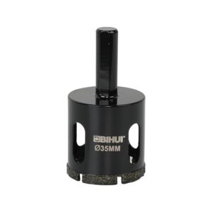 Black 35mm BiHUI hole saw drill bit with diamond-coated cutting edge and square arbor