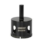 Black 45mm hole saw with a central pilot shaft and diamond-coated cutting edge used for drilling holes in tough materials.