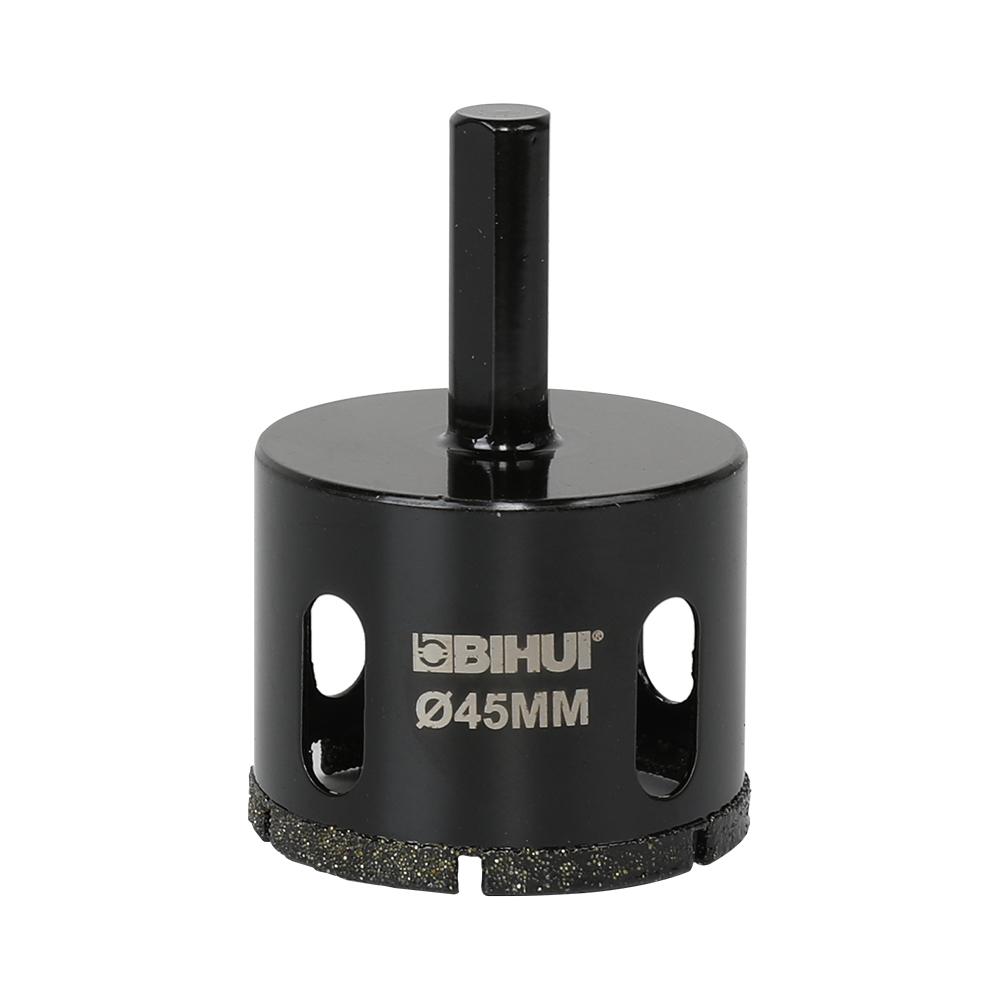 megabudowlany-bihui-otwornica-diamentowa-na-mokro-45mm-sklep-budowlany - Mega Budowlany Black 45mm hole saw with a central pilot shaft and diamond-coated cutting edge used for drilling holes in tough materials.