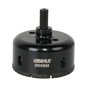 68mm hole saw attachment with arbor, labeled BIHUI, used for drilling circular holes