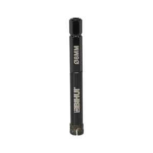 Diamond-coated drill bit, 8 mm diameter, black with hex shank and grit-cutting tip.