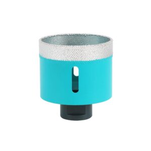 Turquoise cylindrical diffuser or small appliance with a black base and a vertical viewing window, topped with a textured silver rim and condensation beads on the surface.