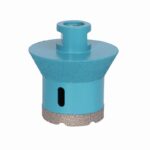 Blue diamond-coated hole saw attachment for a drill, with a cylindrical body and bottom cutting edge.