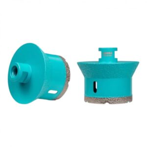 Two turquoise diamond drill bits shown side by side: a disc-shaped bit with a threaded center and a hollow cylindrical bit with diamond-cut bottom edge.