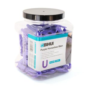 Jar of purple horseshoe tile shims labeled Bihui, used for tile spacing and leveling in tiling projects