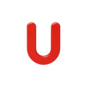 Bright red U-shaped plastic piece with rounded ends on a white background.
