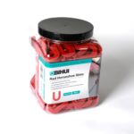 Jar of red horseshoe shims labeled BIHUI Red Horseshoe Shim, sealed container for precision shims used in machining.