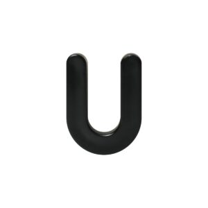 Black U-shaped metal hook with rounded ends on a white background