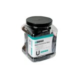 Plastic jar labeled BIHUI Black Horseshoe Shim, black tile leveling spacers for tiling kits.