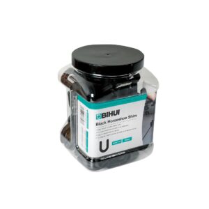 Plastic jar labeled BIHUI Black Horseshoe Shim, black tile leveling spacers for tiling kits.