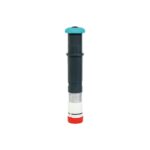 Vertical cylindrical device with a teal top cap, dark body, white midsection, and red bottom cap, isolated on a white background.
