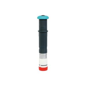 Vertical cylindrical device with a teal top cap, dark body, white midsection, and red bottom cap, isolated on a white background.