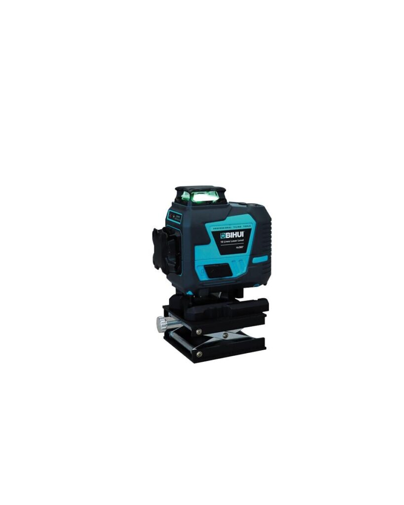 Blue BIHUI laser level mounted on an adjustable black base for precise indoor leveling.