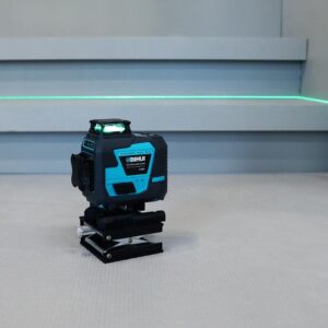 Blue BIHUI laser level on a black mounting base projecting a bright green horizontal line across a light-gray work surface, logo visible in the corner.