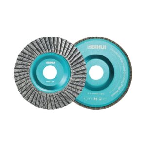 Two turquoise diamond grinding flap wheels (discs) with abrasive surfaces used for metal polishing/grinding.