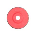 Red abrasive grinding disc with central mounting hole and diamond-edged rim.